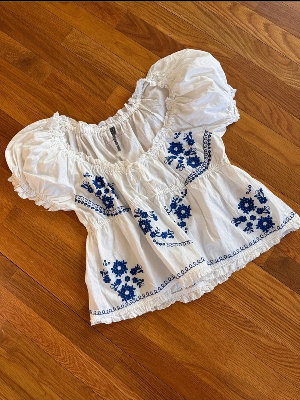 New By Anthropologie Puff-Sleeve Embroidered Babydoll Top Size S